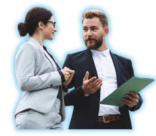 Twp coworkers talking with blue glow around them 