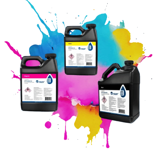 Gallon jugs of ink with ink splash behind them 