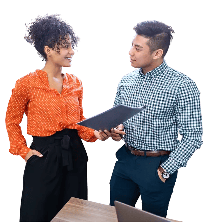 Two people talking in an office 