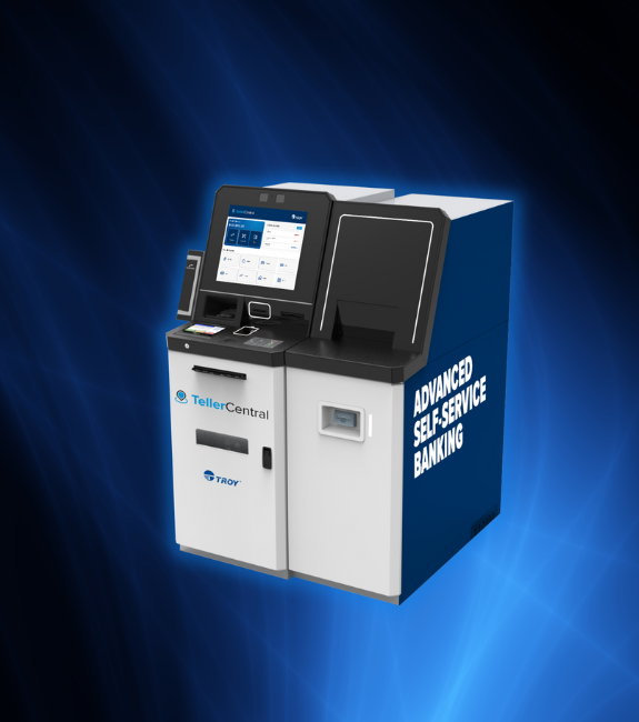 Rototype TellerCentral machine with with dark blue waves background